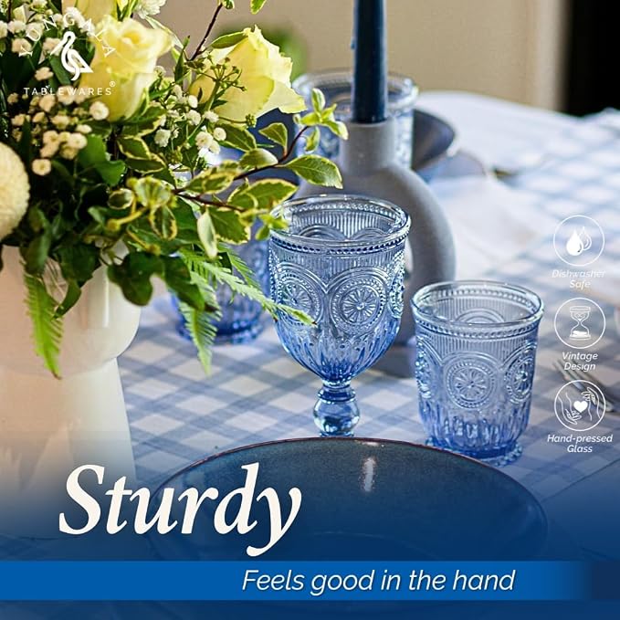Blue Glassware set of 6 small dishwasher safe colored glasses, Blue glass cups, matching highball and wine glasses available