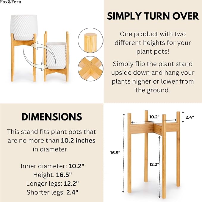 Fox & Fern Mid Century Tall Plant Stand — 10 Inch Fixed Size Raised Bamboo Plant Stand for Indoor Pots (Not Included) - Modern Flower Pot Holder with Plug In Design - Easy to Assemble - Bamboo
