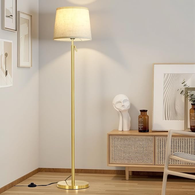 Modern Floor Lamp for Living Room and Bedroom- 55"-67" Height Adjustable Standing Lamps with Dimmable LED Bulb and Remote Control-Bright Tall Stand Light with Shade for Corner Lighting （Gold）