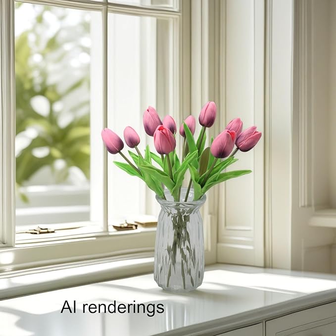 Artificial Flowers 10 Heads Mini Real Touch Artificial Tulip for Home Wedding Party Centerpiece Decoration (Dark Berry Pink)