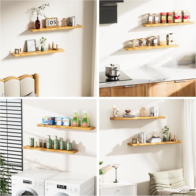 Solid Wood Live Edge Floating Shelves Set of 2 – 36" Rustic Wall Shelf with Hidden Bracket System, Wall Mounted Shelves for Bathroom, Kitchen, Living Room, Bedroom (Natural)