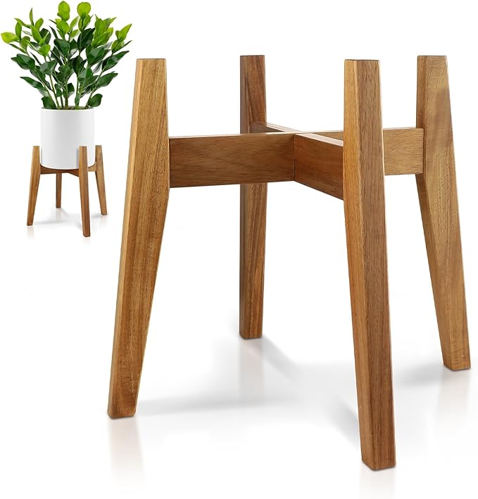 RAINBLELAND Indoor Plant Stand, Mid Century Modern Plant Holder, Pot Stand for Large Plants, Stable Wood Planter Stand for Indoor Outdoor, Fit 11 Inch Pots