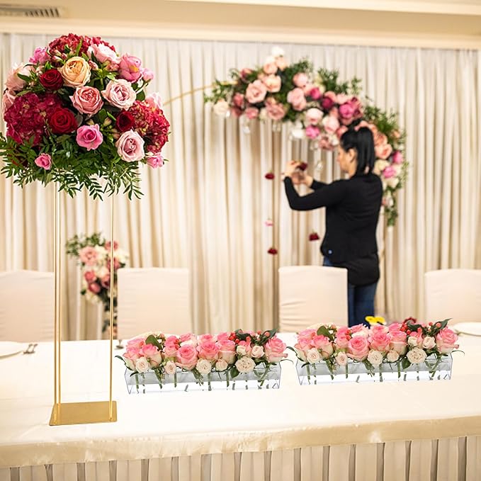 2Pack Clear Acrylic Flower Vase Rectangular, 15.7 Inches Long Floral Centerpiece Low Vases with Holes for Dinning Table, Home Decor, Wedding Decoration