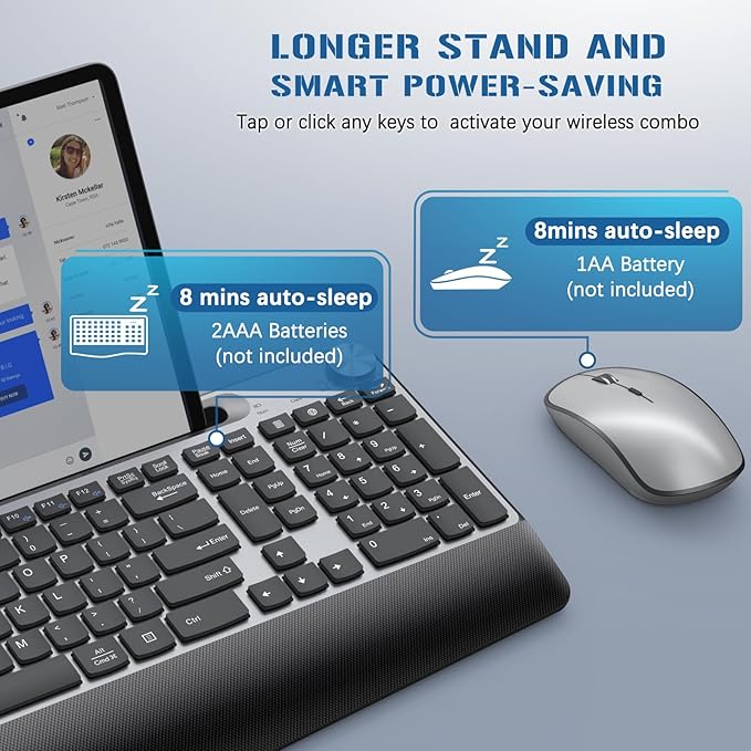 JOYACCESS Wireless Keyboard and Mouse, Ergonomic Wireless Keyboard with Wrist Rest and Phone Holder, Quiet Computer Mouse for Mac PC Laptop-Black Grey