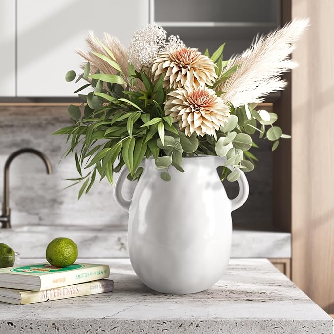 7 Inch Rustic White Ceramic Vase with Double Handles, Retro Farmhouse Glazed Clay Vases for Flowers, Decorative White Flower Vase for Bouquet, Home Décor, Table, Shelf, Kitchen, Living Room