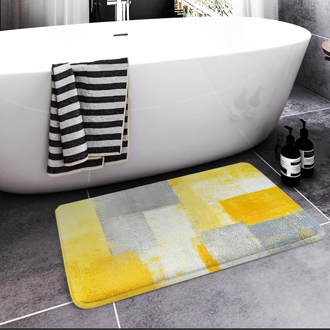 Britimes Bath Mat for Bathroom Yellow Gray Abstract Graffiti Geometric Bath Rug Floor Mat Bathroom Decorations 16x24 Inches for Kitchen Bedroom Indoor