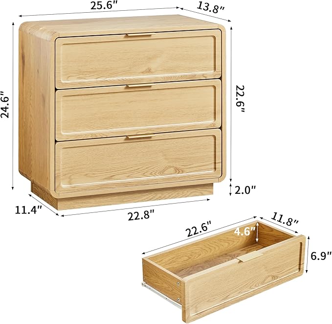 Modern Nightstand Set of 2 for Bedroom, 26'' Wide Wood 3 Drawers Bedside Table, Large Dresser w/Curved Profile Design, Side Table, End Table with Storage Drawers for Living Room, Entryway, Natural