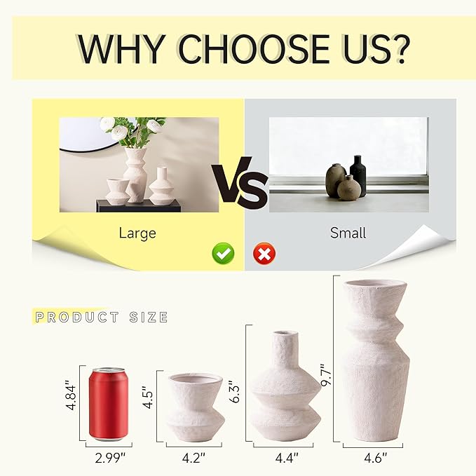 Ceramic Vase Home Table Decor - White Flower Vase Set of 3 Living Room Kitchen Decorations Farmhouse Modern Rustic Vases Decorative Centerpiece for Shelf Bedroom Office Bathroom Dining Coffee Desk