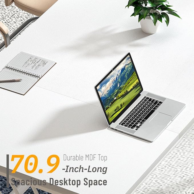 FOLUBAN 70.9" Modern Computer Desk with Z-Shaped Legs, Industrial Executive Home Office Desk for 2 Person, Large Writing Study Table for Bedroom, Gaming Workstation, White