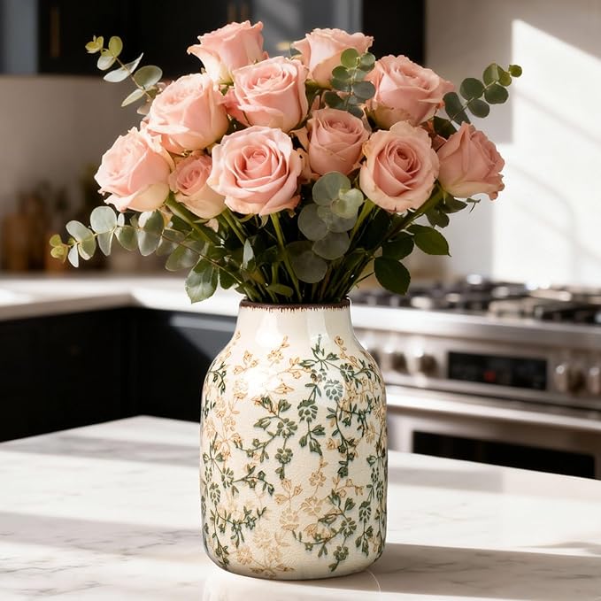 Green Vinatge Vase, Farmhouse Rustic Ceramic Flower Vase, Antique Chinoiserie Vases, Decorative Ice Cracked Large Vases for Home Decors, Living Dining Room Table, Shelf Decor, Office, 7.8 Inch