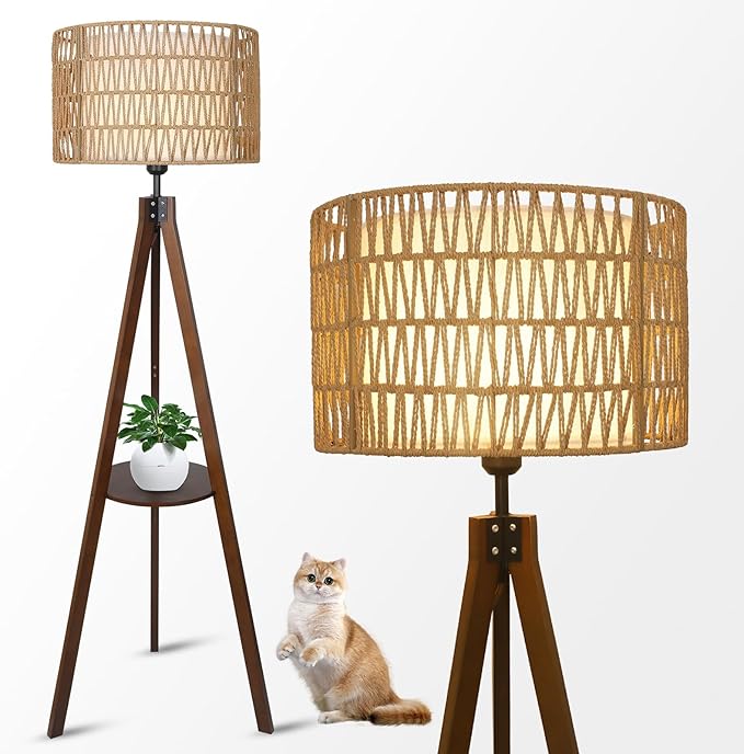 LAMSU Boho Tripod Floor Lamp with Shelves, Mid Century Wood Standing Lamp with Rattan & Fabric Shades, ON/Off Foot Switch, Modern Farmhouse Tall Floor Lamps for Living Room Bedroom Office