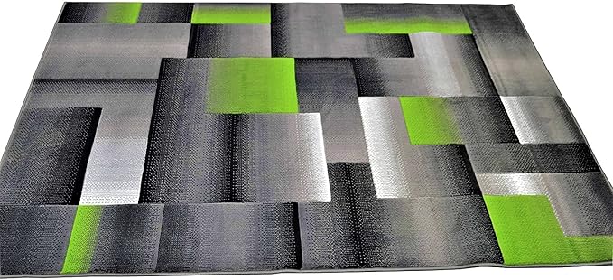 HR 8’ x 10’ Rug in Electric Green - Premium Quality Green/Black/Gray Abstract Geometric Modern Squares Pattern Area Rug - Contemporary Styling for Living Room, Bedroom - Unique Home Décor