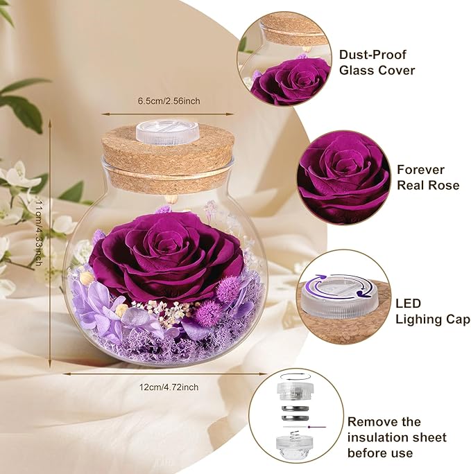 Christmas Birthday Gifts for Women Mom Preserved Purple Rose Eternal Forever Flower in Glass Wishing Bottle with LED Light Flowers for Delivery Prime for Grandma Wife Sister Friend from Daughter