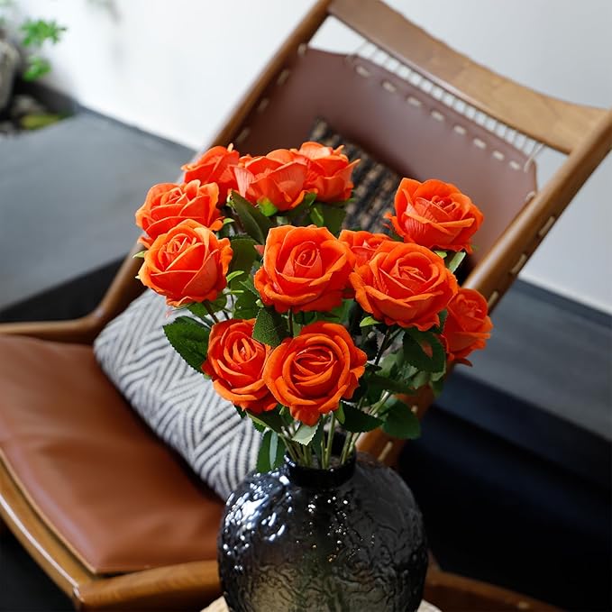 12 Pcs Artificial Rose Flowers, Silk Roses with Long Stems, Realistic Fake Roses for Wedding Centerpiece Party Home and Office DIY Decor, Orange