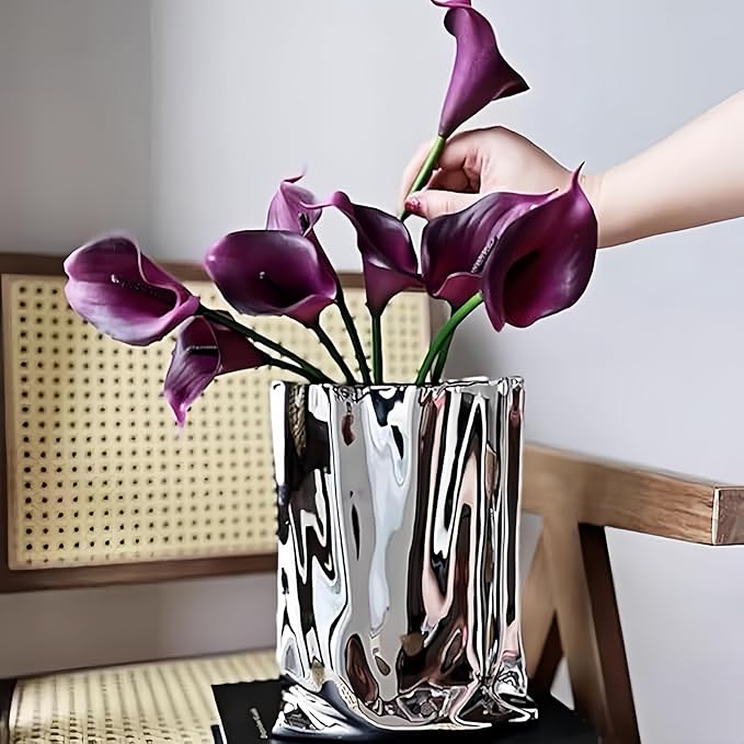 Ceramic Flower Vase, Crinkle Paper Bag Shape, Silver Metal, Modern Home Decor (X-Large)