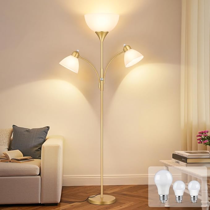 Coucrek Floor Lamp for Living Room,72" Dimmable Torchiere Lamp with 2 Reading Lights for Bedroom, Gold Tall Standing Room Lamp, 3 Bulbs Included