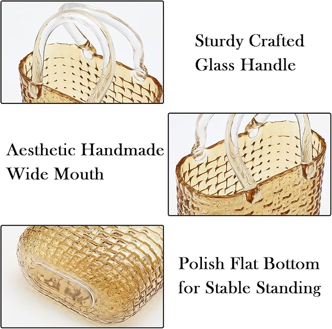Glass Purse Vasefor Flowers, Purse Flower Vase, Amber Glass Bag Vases, 10 Inch Handbag Shaped Vases for Home, Living Room, Bedroom, Office Decor