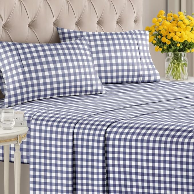 Blue Checkered Sheet Set - 1 Flat & 1 Fitted Sheet & 2 Pillowcases w/ Deep Pockets - Grid, Plaid, Gingham Pattern Bed Set - Comfy, Wrinkle & Fade Resistant - Soft, Breathable and Cooling - Full Size