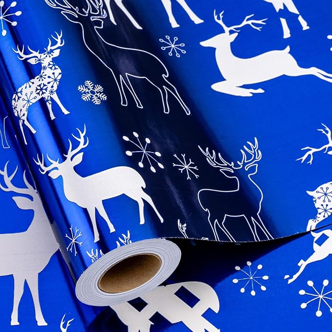 MAYPLUSS Christmas Wrapping Paper Roll - Mini Roll - 17.3 Inch X 32.8 Feet - Christmas Blue Elk Design (47.3 sq.ft.ttl)