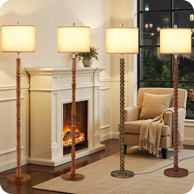 65" Oak Wood Floor Lamps for Living Room with Pull Chain Switch, Adjustable Color Temperatures, Vintage Farmhouse Floor Lamp, Tall Standing Lamp for Bedroom, Entryway, Rustic Brown FE28LD05