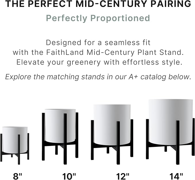 FaithLand 14 Inch Fiberstone Planter - Lightweight Modern Cylinder Plant Pot with Drainage Hole & Plug, Indoor Outdoor Use, Matte White