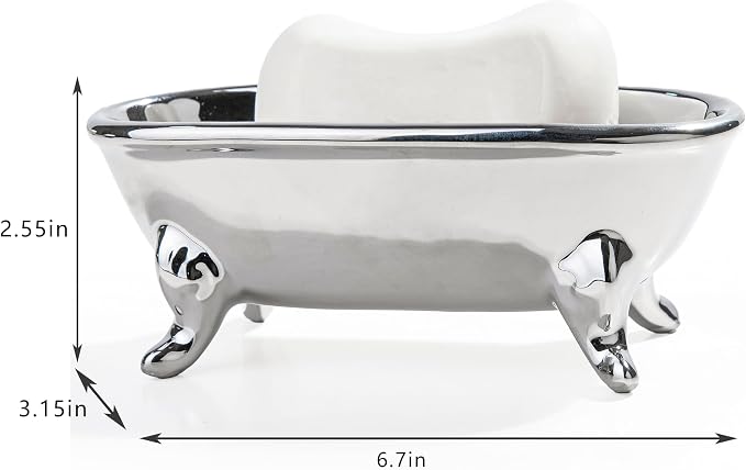 6.7" Ceramic Mini Clawfoot Bathtub Bar Soap Dish, Decorative Bar Soap Holder, Soap Tray Sponge Holder for Shower, Bathroom & Kitchen Sink (Silver)