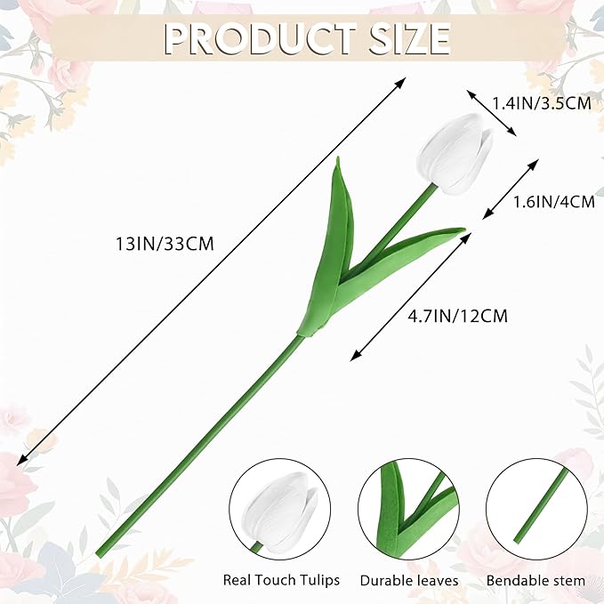 20 Pcs Fake Tulips Artificial Flowers 13" White Faux Flowers Real Touch PU Tulips Bouquet for Floral Arrangement Home Kitchen Table Wedding Decorations
