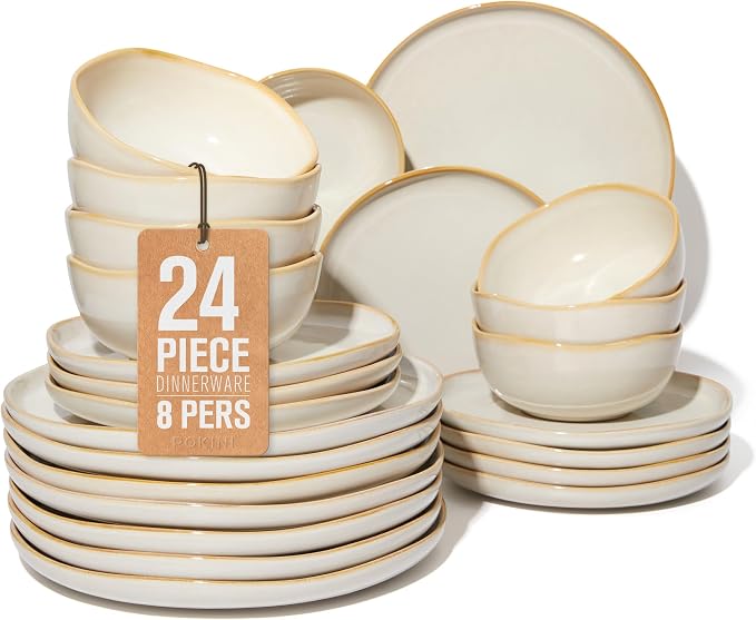 Pokini Large Holiday Dinnerware Sets for 8, Ceramic Plates and Bowls Set, Kitchen Dish Set, Microwave & Dishwasher Safe Dishware, Perfect for Christmas & Thanksgiving, Yellow White