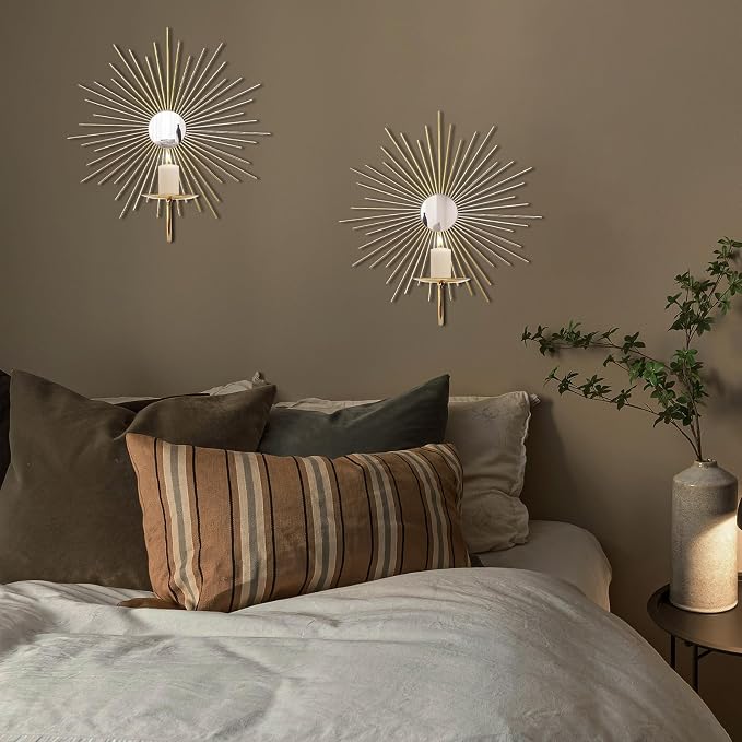 2 Set Candle Sconces Wall Decor for Living Room Metal Sunburst Mirrored Modern Gold Wall-Mounted Candle Holder Sconces Hanging Mounted Fireplace Farmhouse Wedding