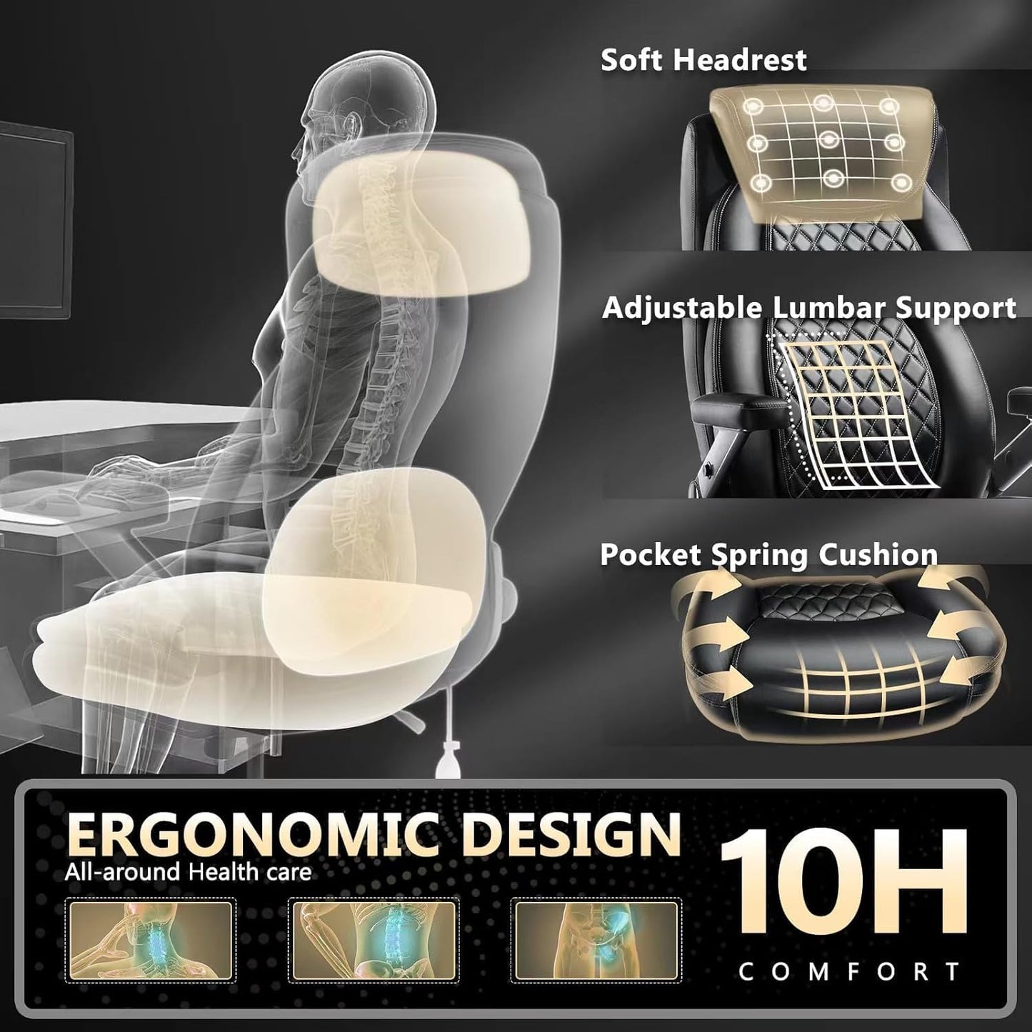 Skiennix Heavy Duty Office Chair - 700LBS Capacity, Comfy Big & Tall Design with Lumbar Support | High Back, 5D Flip Arms