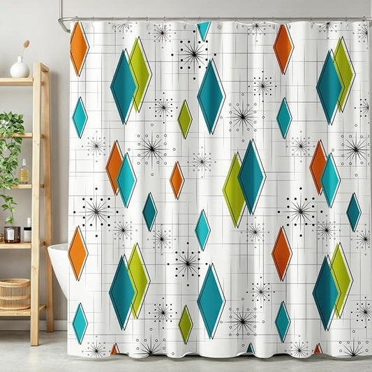 Mid Century Modern Shower Curtain,Abstract Atomic Starburst Geometric Diamond Pattern Shower Curtains Set for Bathroom Fabric Decorative Bath Curtain Washable Curtain Hooks, 72x72 in