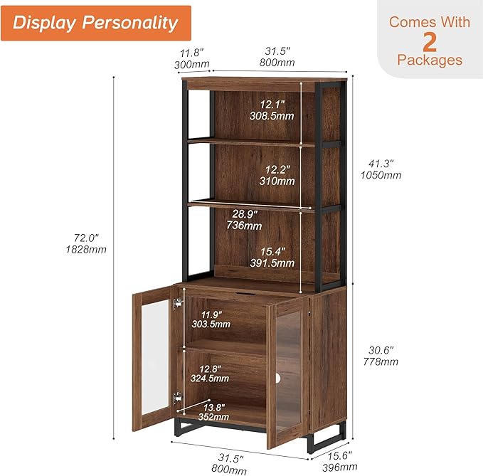 WAMPAT Modern 72" Tall Bookcase with Glass Doors and Adjustable Shelves, Library Book Shelf with Storage Cabinet and Open Book Shelfs, Wood Bookshelf for Home Office, Living Room, Brown