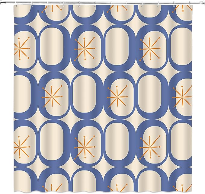 Mid Century Shower Curtain Modern Abstract Atomic Starbursts Squares Retro 50s Geometric Bathroom Decor Polyester Curtains with Hooks