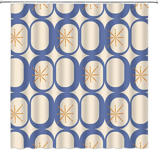Mid Century Shower Curtain Modern Abstract Atomic Starbursts Squares Retro 50s Geometric Bathroom Decor Polyester Curtains with Hooks
