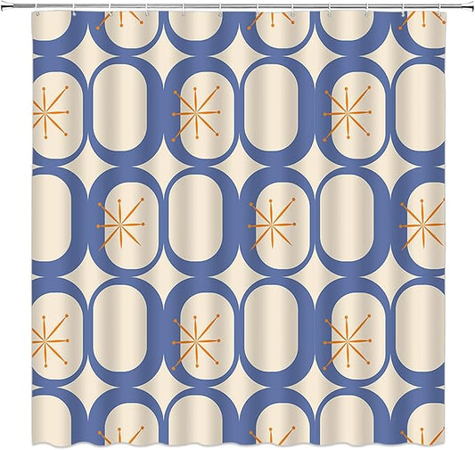 Mid Century Modern Extra Long Shower Curtain Abstract Atomic Geometric Round Squares Retro 50s Blue Fabic with Hooks for Bathroom Decor,70x78 Inch