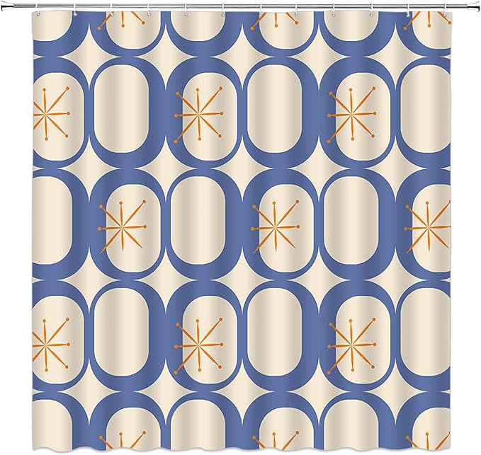 Mid Century Shower Curtain Modern Abstract Atomic Starbursts Squares Retro 50s Geometric Bathroom Decor Polyester Curtains with Hooks
