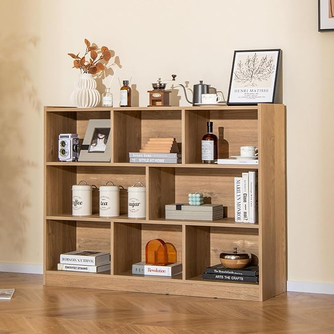 Giantex 8 Cube Bookcase, Freestanding 3-Tier Open Bookshelf, Modern Storage Display Cabinet, Wood Cube Storage Organizer for Living Room, Kid’s Room, Natural