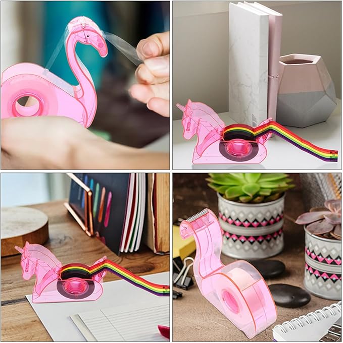 VILLCASE 2 Sets Cute Animal Tape Dispenser with Cutter Portable Desk Tape Holder for Office School Home Use Pink Mythical Horse and Flamingo Design Practical Stationery