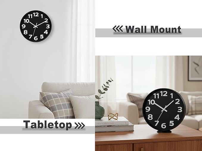 45MinST 12 Inch 3D Number Dial Face Modern Indoor Outdoor Clock, Silent Non-Ticking Round Home Decor Wall Clock with Arabic Numerals (Black)