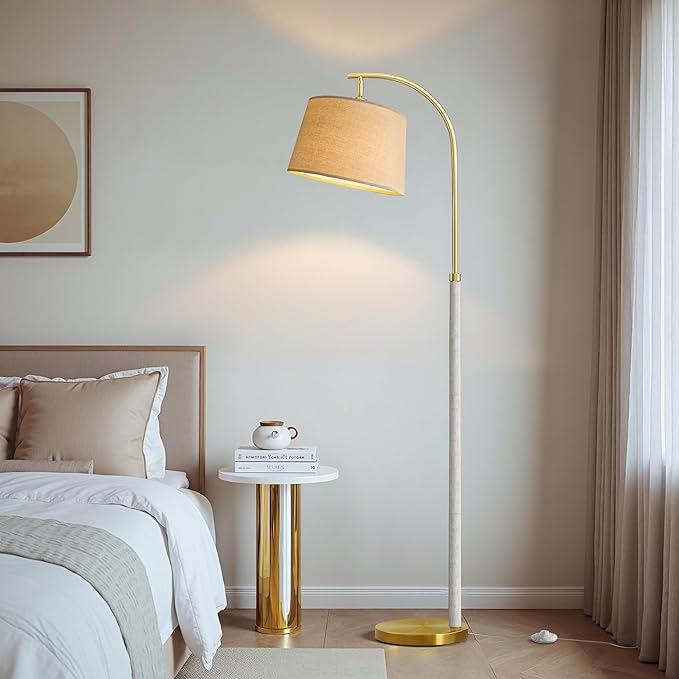 G-SAFAVA 63" Wood Floor Lamps for Living Room with Foot Switch Arc Tall Standing Lamp for Bedroom Mid Century Modern Corner Gold Floor Lamps for Office Nursery Industrial Reading Lamp, White