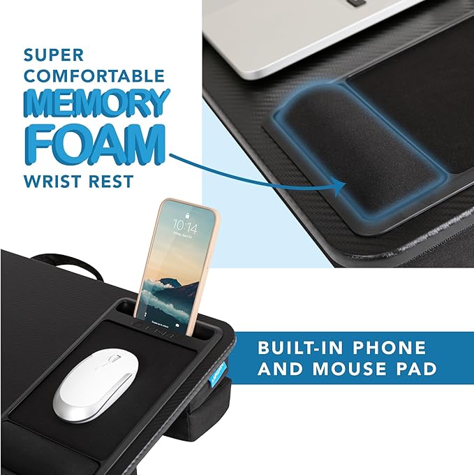 LAPGEAR Large Adjustable Lap Desk – Fits Laptops up to 15.6”, Adjustable Cushion, Memory Foam Wrist Rest, Mouse Pad, Device Ledge, & Phone Slot - Black Carbon - Style No. 88008