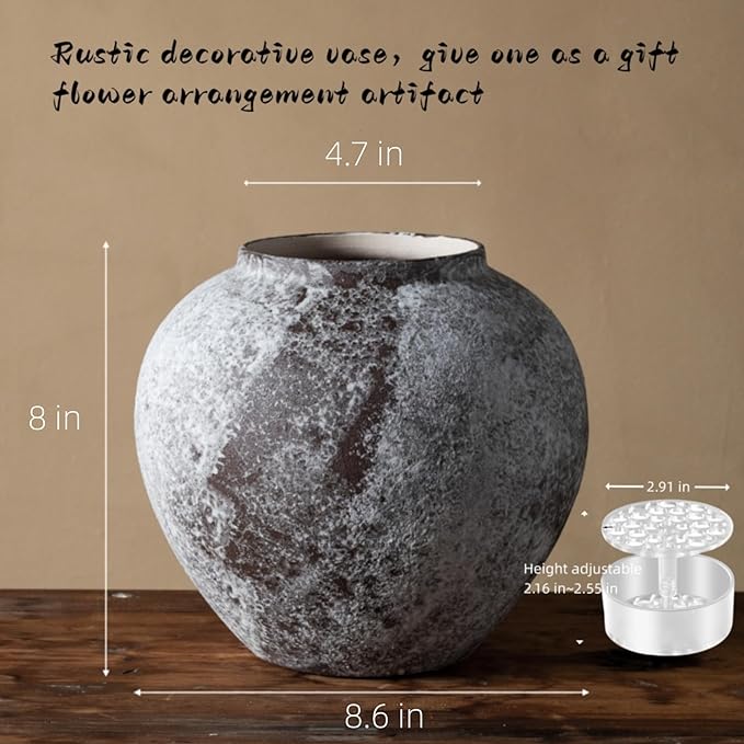Rustic Distressed Large Ceramic Vase, 8.6 inch Terracotta Pottery Tall Decorative Vases, Concrete Vases Clay Stone Antique Big Vase for Home Decor (Round 8.6 in X 8 in)