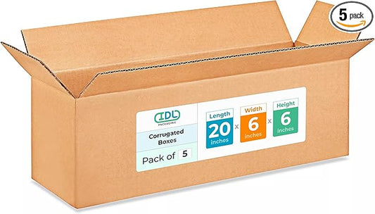 Long Shipping & Moving Boxes 20 x 6 x 6 inches (5-Pack) - Extra Strength 200 lb vs Regular - Corrugated Shipping Boxes for USPS/UPS/FEDEX - Heavy-Duty Cardboard Box by IDL Packaging