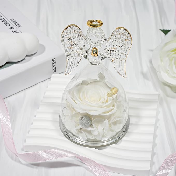 Sunia Preserved Flower Rose Gift for Women - Mother's Day Birthday Gifts for Mom Wife Grandma, Glass Angel Figurines Forever Real Roses Gifts for Her Valentine Day Thanksgiving﻿ (White)