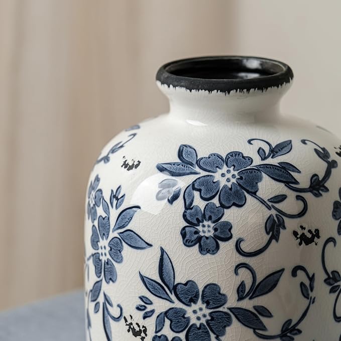 Blue and White Vintage Vase, Ceramic Chinoiserie Floral Vases, Round Farmhouse Rustic Large Flower Vase for Home Decor, Living Room, Office, Bookshelf, Grand Millennial Chinoiserie Decor 7.7 Inch