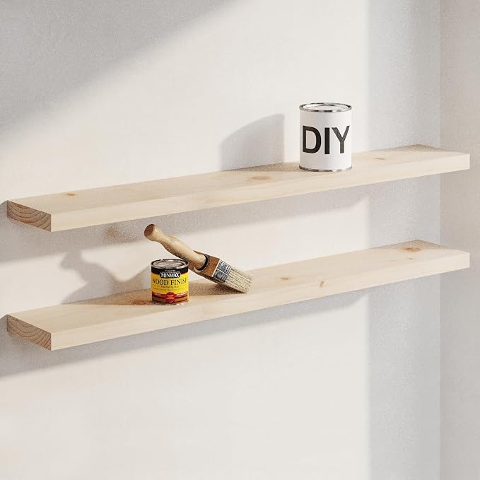 Homeforia 36 inch Wood Floating Shelves, High End Solid Natural Wood 36inch Large Floating Shelf Bathroom, Unfinished Wooden Floating Shelves for Wall, Heavy Duty Bracket, 36 X 6.5 X 1.75 in, Set of 2