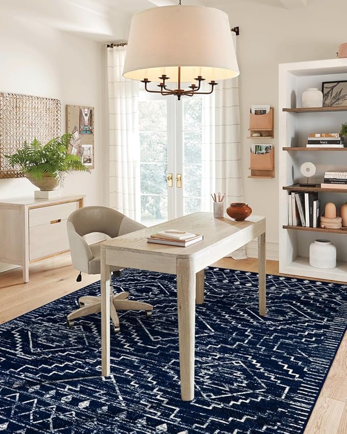 Wonnitar Moroccan Washable Area Rug 4x6, Blue Rugs for Living Room, Non-Slip Boho Bedroom Throw Mat, Non-Shedding Large Geometric Low Pile Floor Carpet for Home Office Mudroom Kitchen (Blue,4'x6')