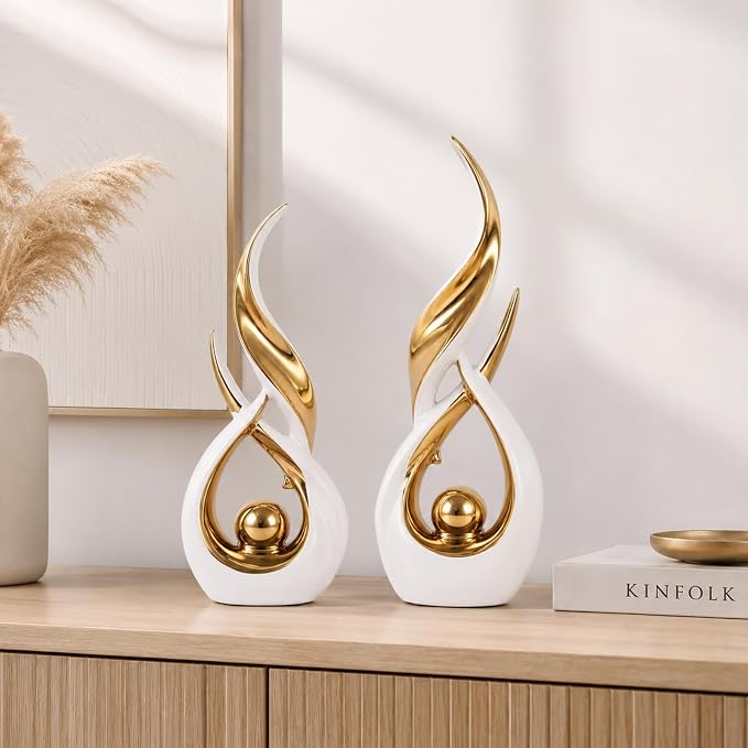 2 PCS White Gold Ceramic Statues For Home Decor Accents, Modern Abstract Art Sculptures, Elegant Tabletop Decorative Objects For Dining Room, Entryway, Tv Stand, Mantel, Coffee Table Centerpieces