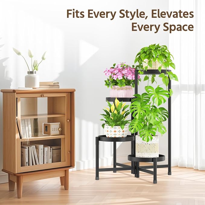 LASZOLA 4 Tier Large Plant Stand Indoor Tall with 10 Inch Metal Tray, Corner Folding Flower Display Rack, Modern Plant Holder Shelf for Outdoor Patio Porch Garden Office Living Room, Black