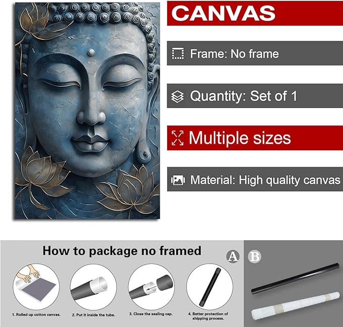 Canvas wall art Golden lotus crown Serene Buddha poster Ethereal blue toned art with delicate floral decor Zen wall art for a tranquil meditation space 28x40in Frameless